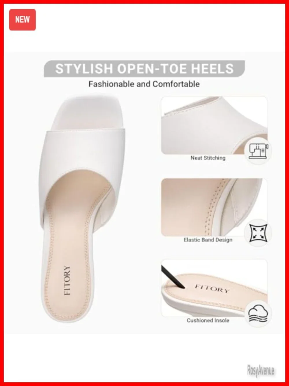 Kitten Heel Sandals, Square Open Toe Slides with Elastic Strap, Dressy Slip-on
